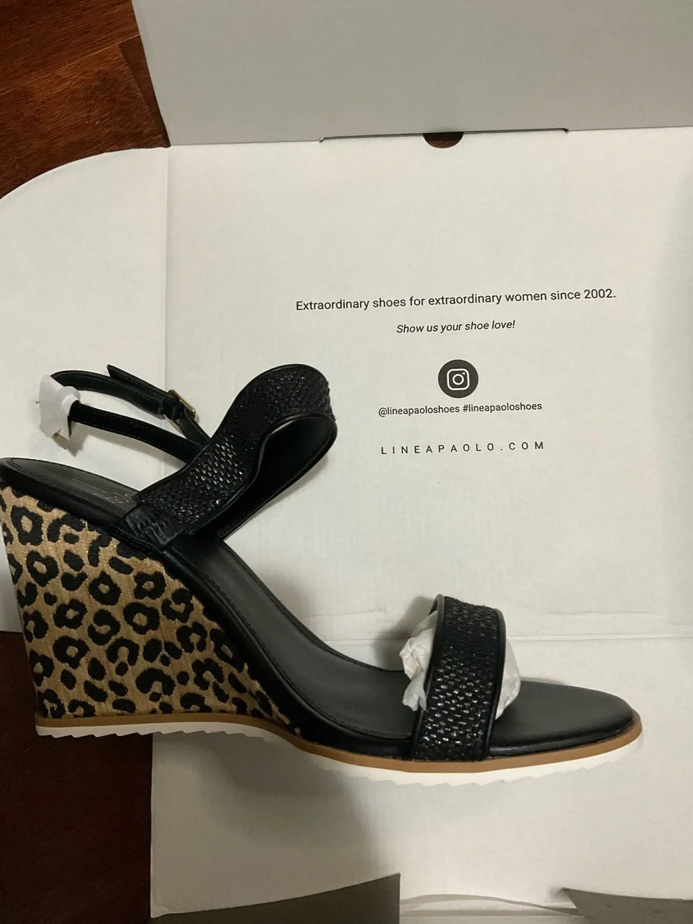 Linea Paolo Edith Black Strappy Wedge Sandal with Leopard-Print Heel Size 11